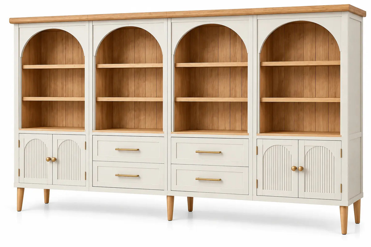 Libreria, quattro sezioni ad arco e cassetti inferiori, beige/marrone