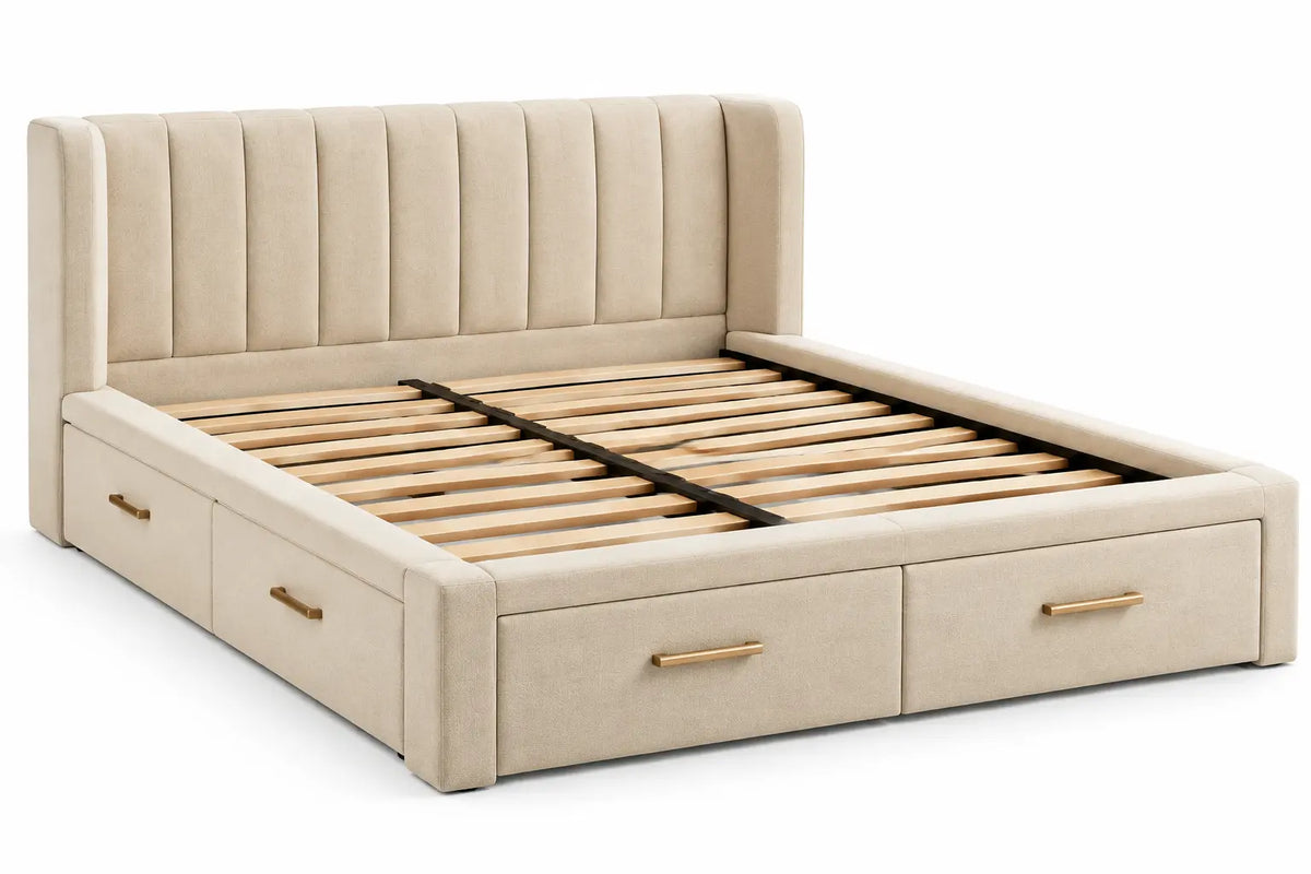 Struttura letto con testiera, testiera a fasce e cassetti nella base, beige