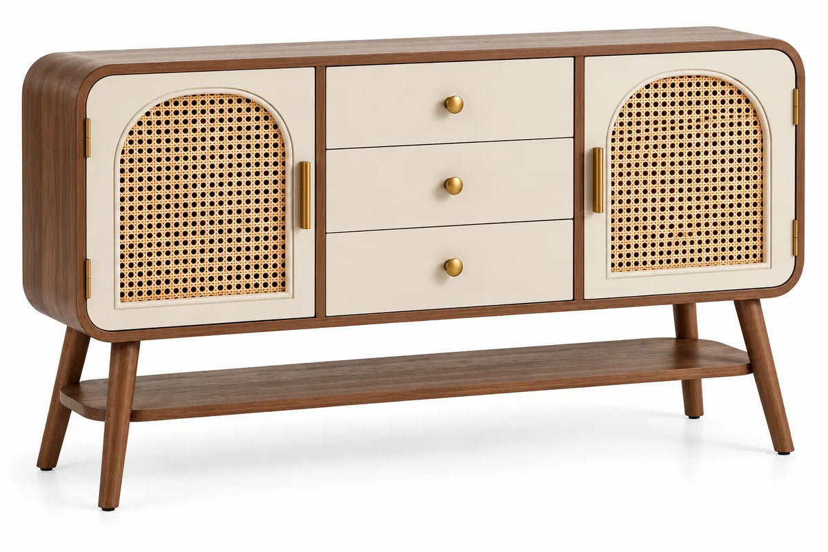 Credenza, due ante intrecciate e tre cassetti, marrone/beige