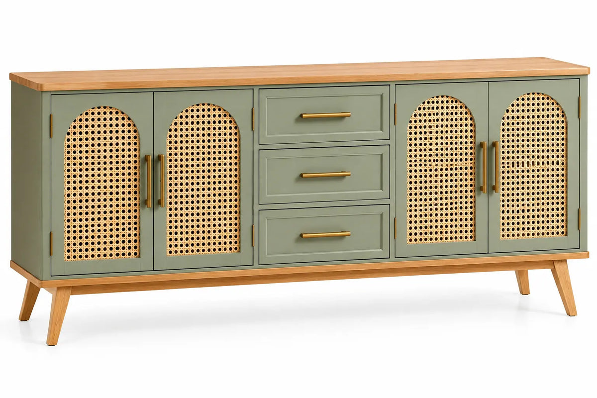 Credenza, quattro ante intrecciate e cassetti centrali, verde/marrone