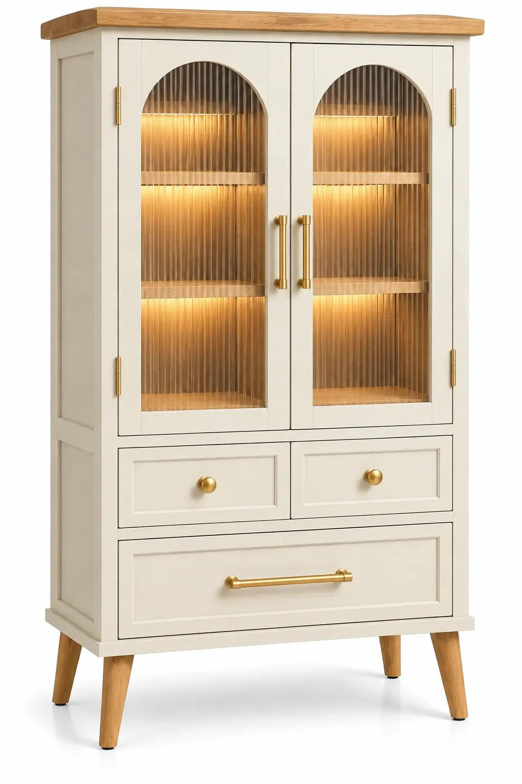 Vetrina, ante vetrate ad arco e due cassetti, beige/marrone