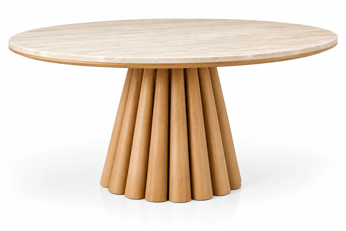 Tavolo da pranzo, piano rotondo e base a elementi inclinati, marrone/beige