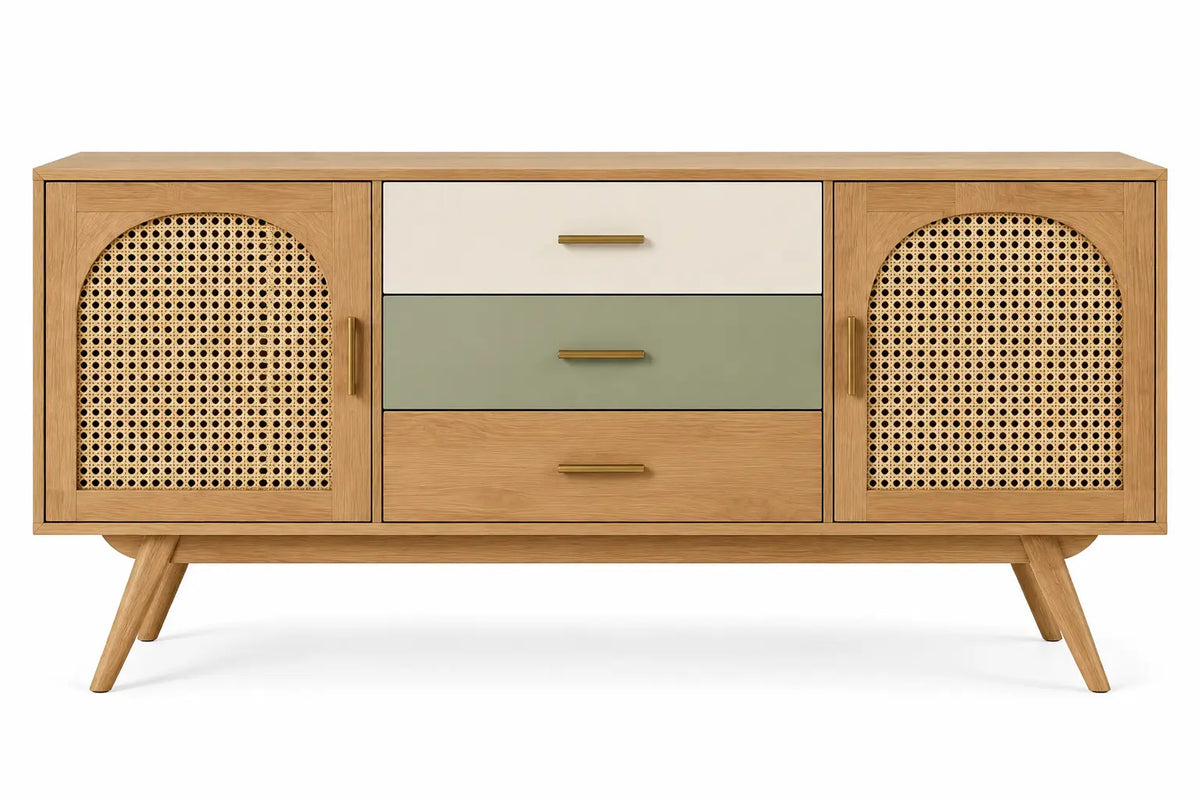 Credenza, due ante intrecciate e tre cassetti, marrone/beige/verde