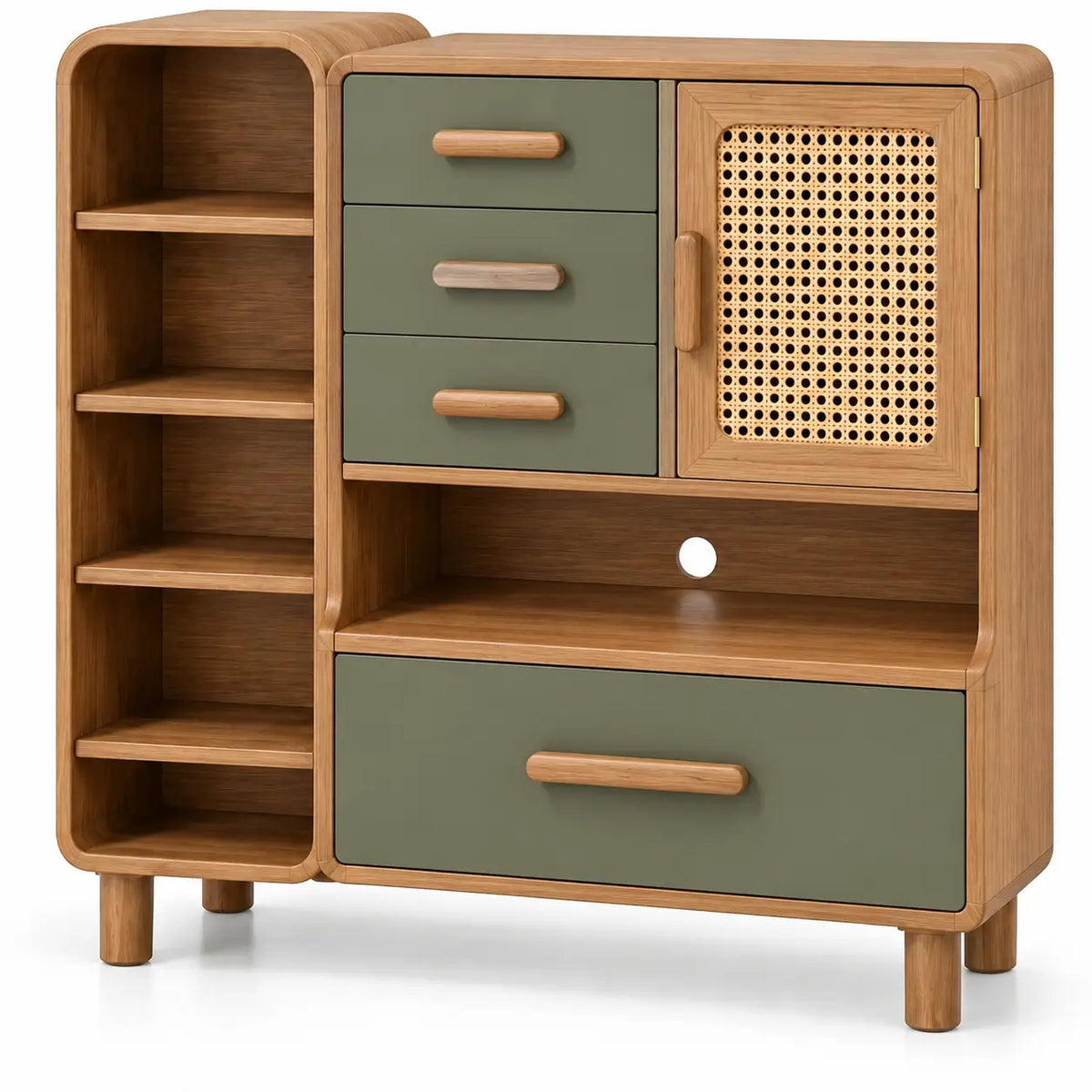 Credenza, ripiani laterali e cassetti con maniglie orizzontali, marrone/verde