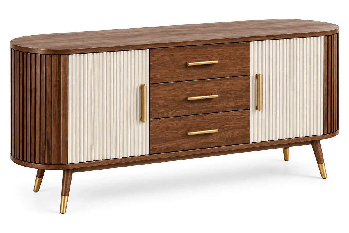 Credenza, ante scanalate e tre cassetti centrali, marrone/beige