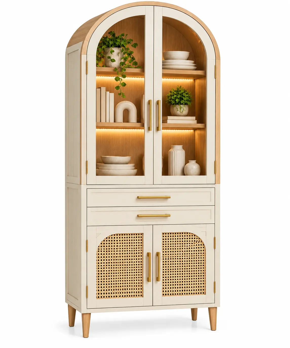 Vetrina, profilo ad arco e ante inferiori intrecciate, beige/marrone